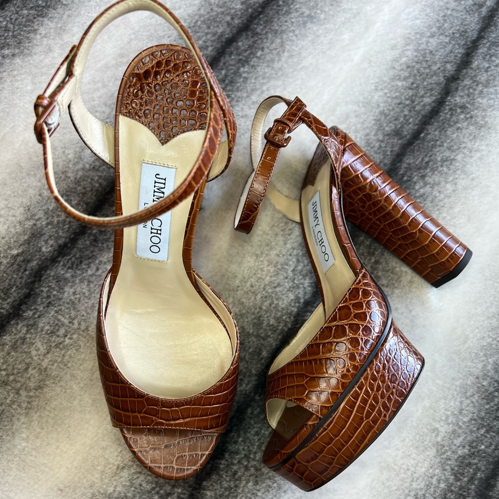 Jimmy Choo Peachy 125 Croc Embossed Leather Platform Sandal Heels